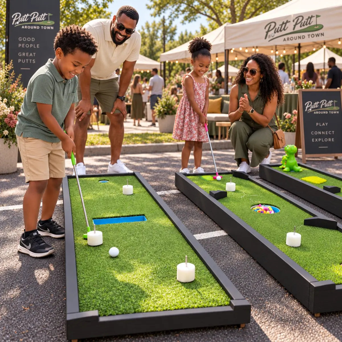 A family putting together on a portable lane