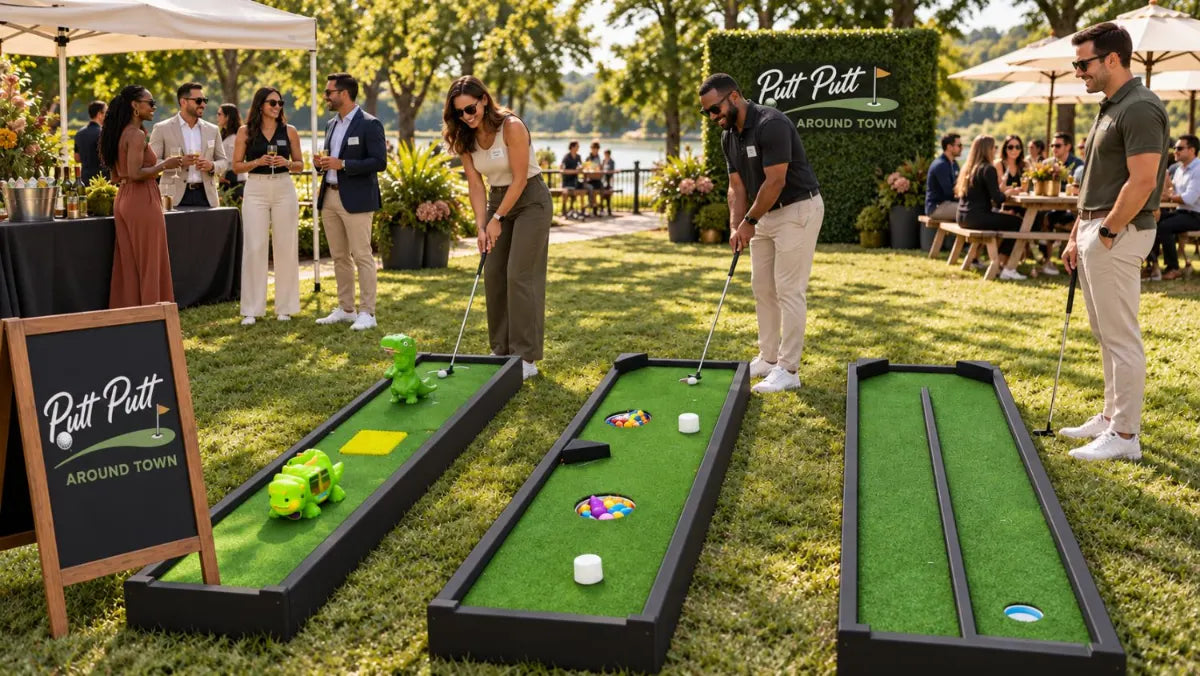 Guests playing portable mini golf at an outdoor corporate event